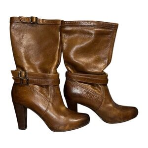 Frye Brown Leather Heeled Mid-Calf Boots – Size 7M (Original Box Included)